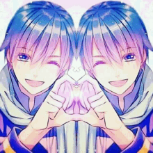 a boy with purple hair is making a heart shape with his hands