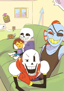 a group of cartoon characters are sitting on a couch including papyrus