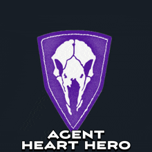 a purple shield with a white skull on it and the words agent heart hero below it