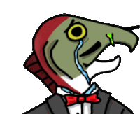 a cartoon drawing of a fish wearing a suit and bow tie