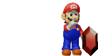 a mario holding a red block with the letter m on it