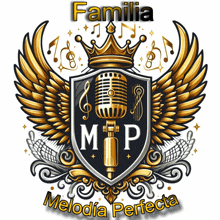 a logo for familia melodia perfecta has a microphone and wings