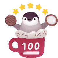 a penguin is sitting in a cup with the number 100 on it