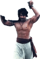 a shirtless man is holding a sword over his head .