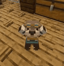 a dog is standing on a wooden floor in a minecraft video game .