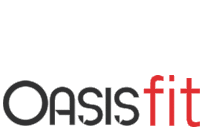 the logo for oasis fit is black and red on a white background