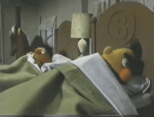 sesame street characters are laying in a bed with a letter b on the headboard