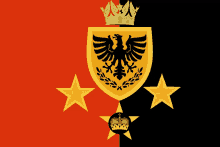 a red and black flag with a shield with an eagle and a crown