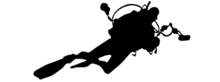 a black and white silhouette of a scuba diver on a white background