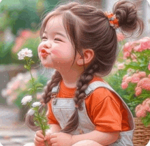 a little girl is blowing a kiss while holding a flower .