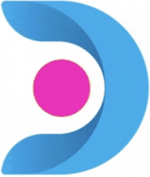 a blue and white logo with a pink circle in the center