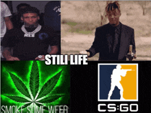 a man in a suit is standing in front of a marijuana leaf and a cs go logo