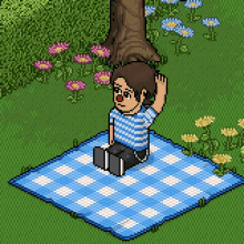 a pixel art drawing of a person sitting on a blue and white checkered blanket