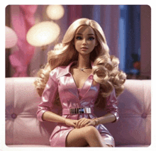 a barbie doll sits on a pink couch