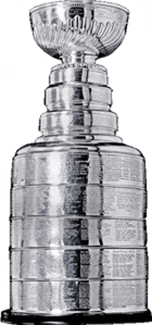 a silver trophy with a black base and a white background