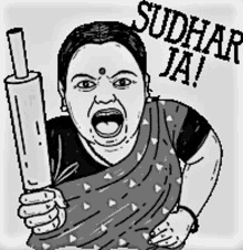 a black and white drawing of a woman holding a rolling pin and yelling .