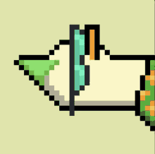 a pixel art drawing of a hand with a green arrow pointing to the right