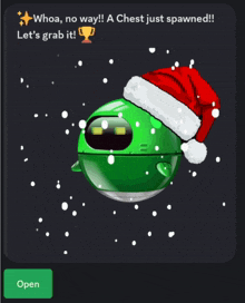 a green robot wearing a santa hat and a trophy