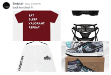 a t-shirt that says " eat sleep valorant repeat " next to a pair of shorts