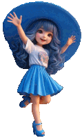 a doll wearing a blue hat and a blue skirt