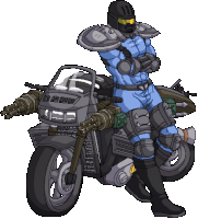 a pixel art drawing of a man on a motorcycle with guns