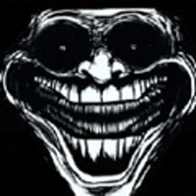 a black and white drawing of a troll face with big teeth and a smile .