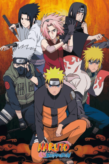 a poster for naruto shippuden shows a group of characters posing for a picture