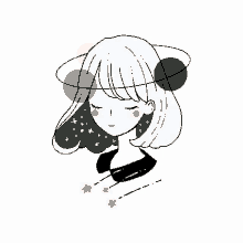 a black and white drawing of a girl with a planet in her hair