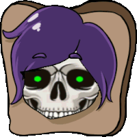 a cartoon skull with purple hair and green eyes