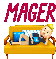 a cartoon character is laying on a yellow couch with the word mager above him