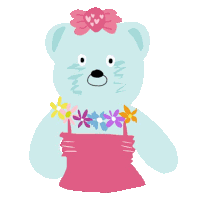 a blue teddy bear wearing a pink dress and a lei