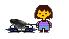 a pixel art drawing of frisk holding a pan