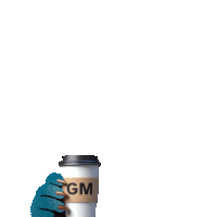 a blue monster is holding a cup of coffee that says gm