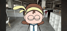 a cartoon character wearing a headband and tie stands in an empty office