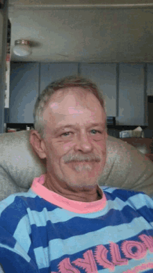 a man wearing a blue and pink striped shirt with the word cyclones on it