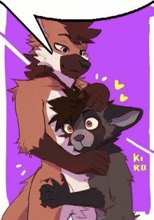 a cartoon drawing of two furry animals hugging each other with a speech bubble that says ki ki