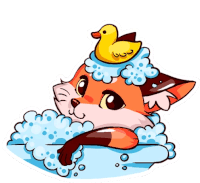 a cartoon of a fox taking a bath with a rubber duck on its head