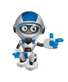 a cartoon robot with a blue helmet is pointing to the right