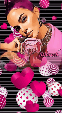 a cartoon of a woman surrounded by pink and white hearts with the name astarock on the bottom right