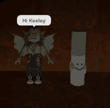 a girl with wings and a speech bubble that says hi keeley