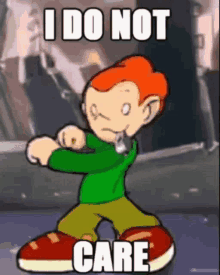 a cartoon character says `` i do not care '' while holding a knife .