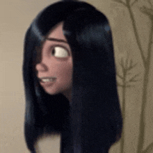 a close up of a cartoon girl 's face with long black hair .