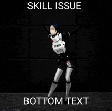 a pixel art of a robot dancing with the words skill issue bottom text below it