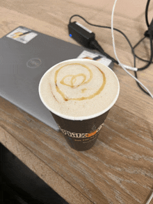 a cup of coffee sits on a wooden table next to a silver dell laptop