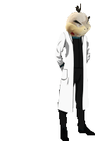 a cartoon character in a white coat with a stuffed animal head