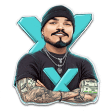 a sticker of a man with a tattoo on his arm that says ' x '