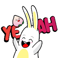 a cartoon rabbit is holding a peach and the word yeah behind it