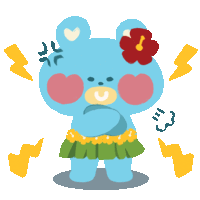 a blue teddy bear wearing a hula skirt and a flower in her hair