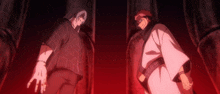 two anime characters are standing next to each other in a dark room with a red light behind them .