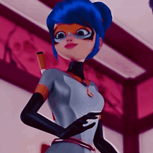 a cartoon character with blue hair and black gloves holds a knife